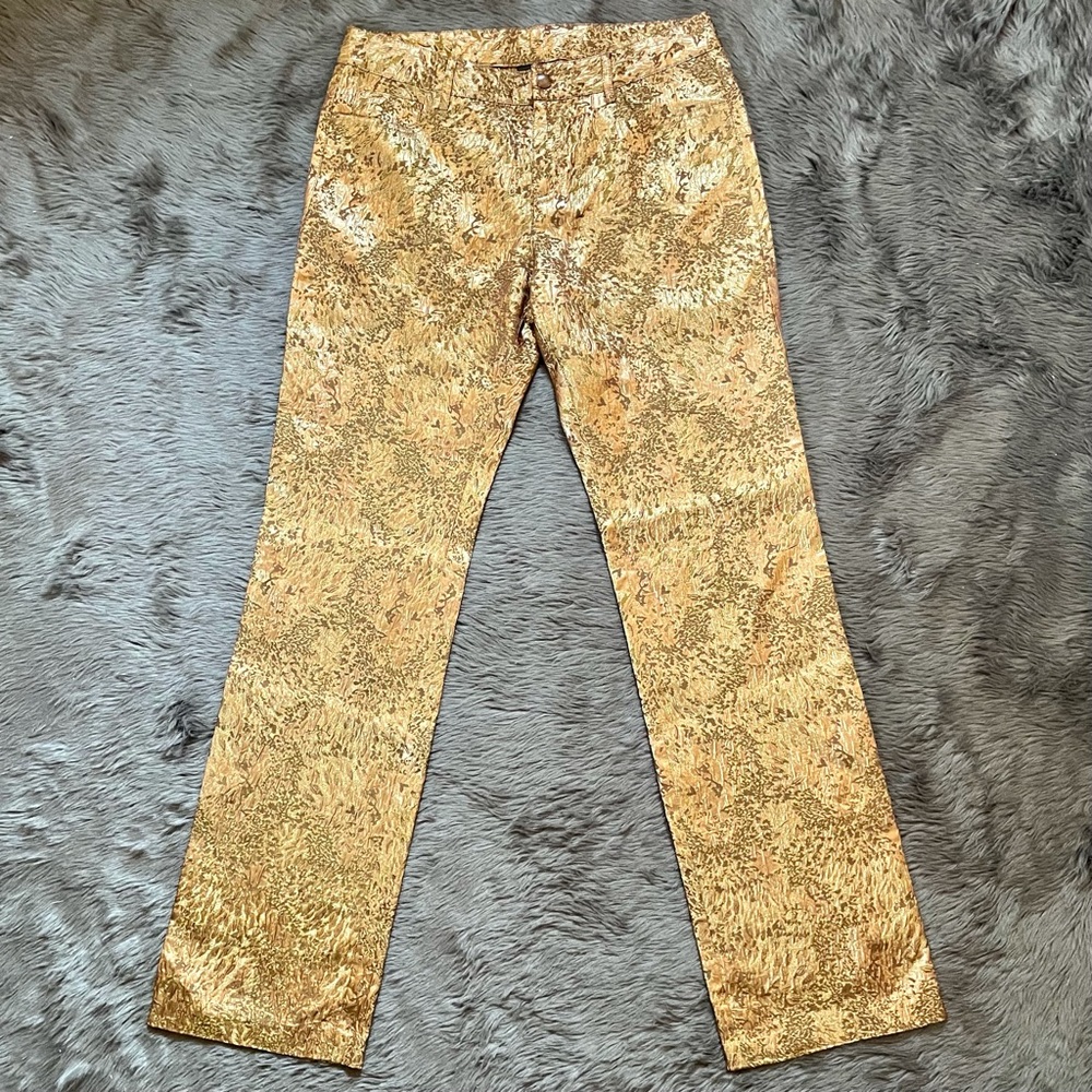 Anna Sui Gold Pattern Textured Lamé Style Pants 30” 6 8 Medium M EUC 5 Pocket